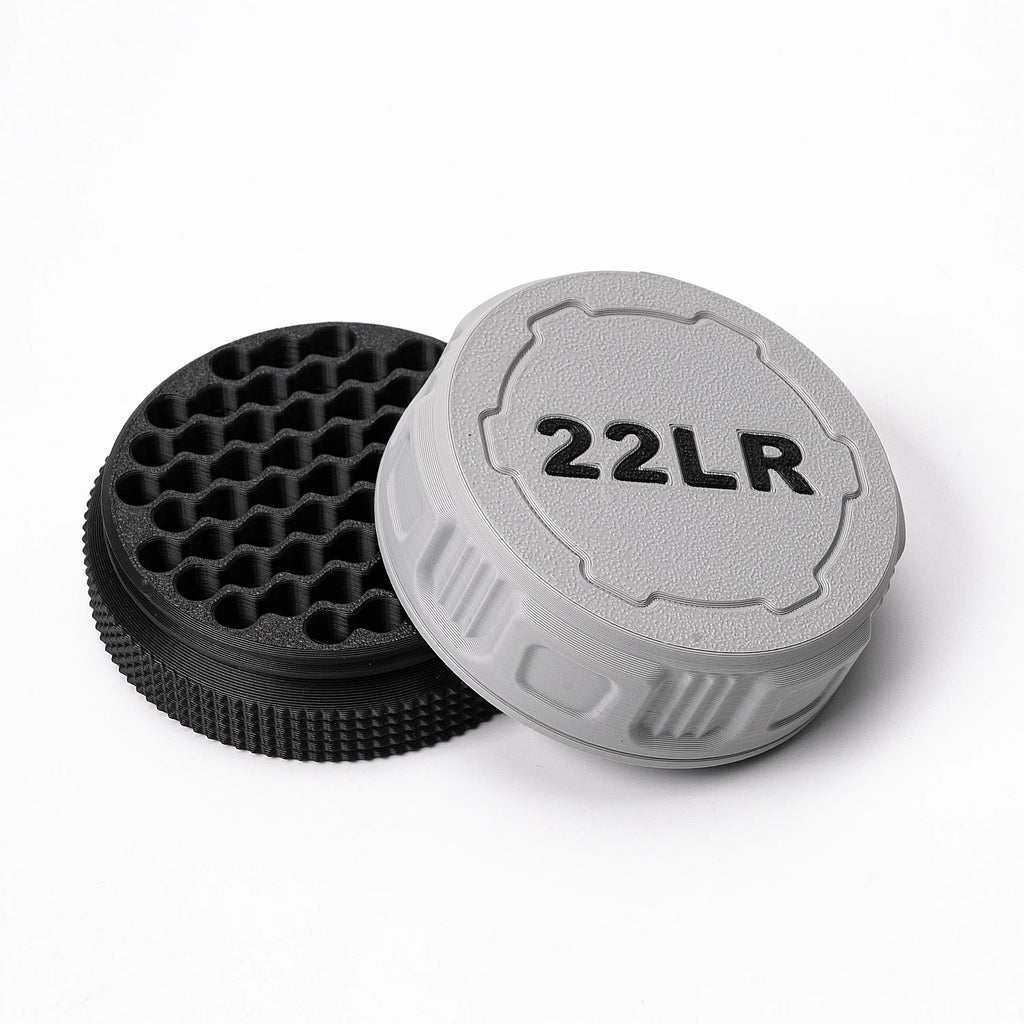 A compact storage case capable of holding 55 .22LR rounds—convenient for carrying to the shooting range.