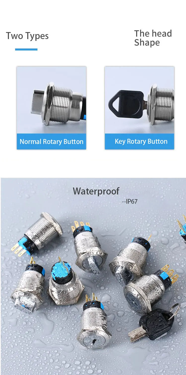 16/19/22mm metal Key rotary push button 2/3 position latching knob Switch Press Button rotary Rotate LED light rotation IP65