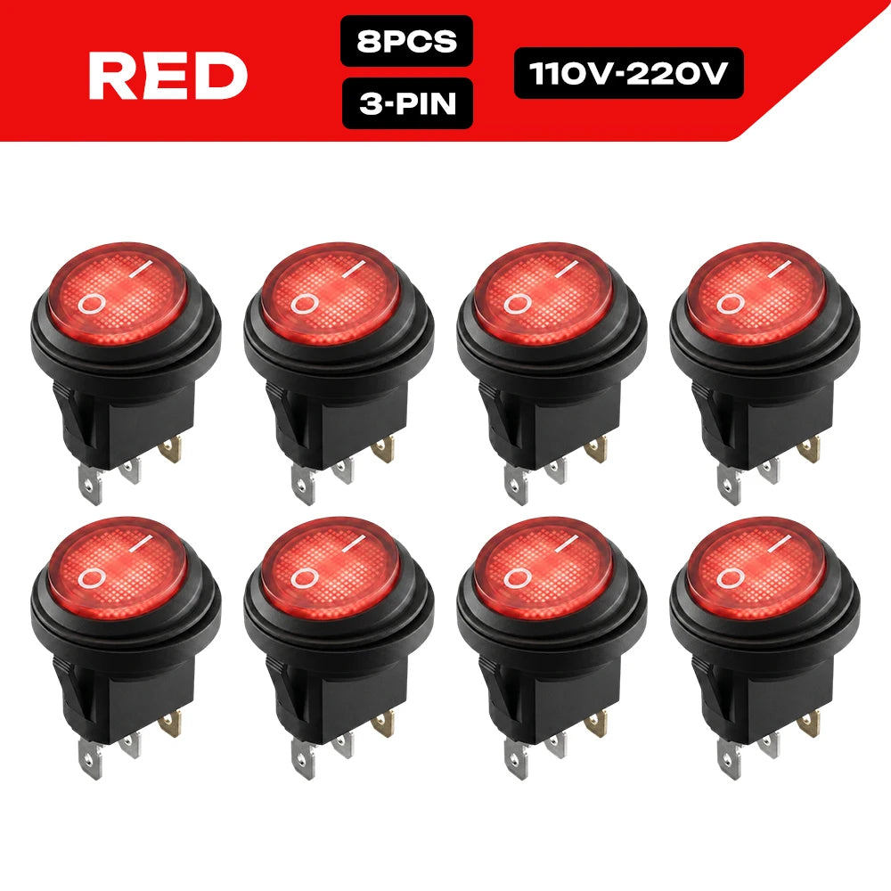 FILN 8PCS 12V 24V 110V 220V Waterproof Rocker Switch 3 Pin LED Lighted ON-OFF Round SPST Toggle Switch for Car Boat Marine PA66