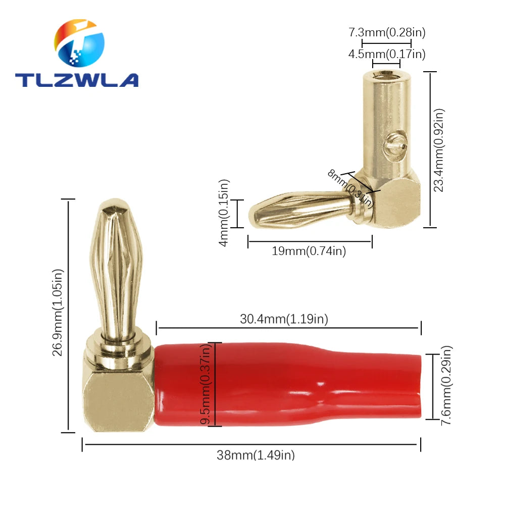 2PCS 4mm L-shaped Right Angle Banana Plug Soft Plastic Shell 90 Degree Banana Connector Red Black for Audio Video Speaker