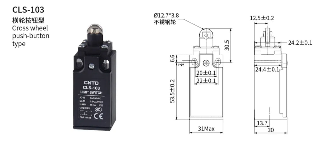CNTD CLS-103 Cross Roller Plunger Limit Switch 1NO+1NC IP65 Waterproof Oil Resistant Travel Switch 6A 250VAC Industrial Control
