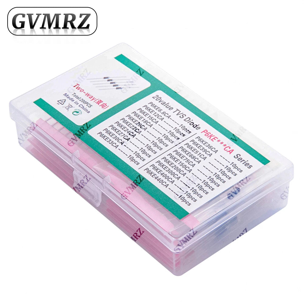 200pcs 20values*10pcs TVS transistor Kit P6KE6.8A/CA 12/15/18/20/22/24/27/30/33/36/39/51/68/75A/CA TVS Diode