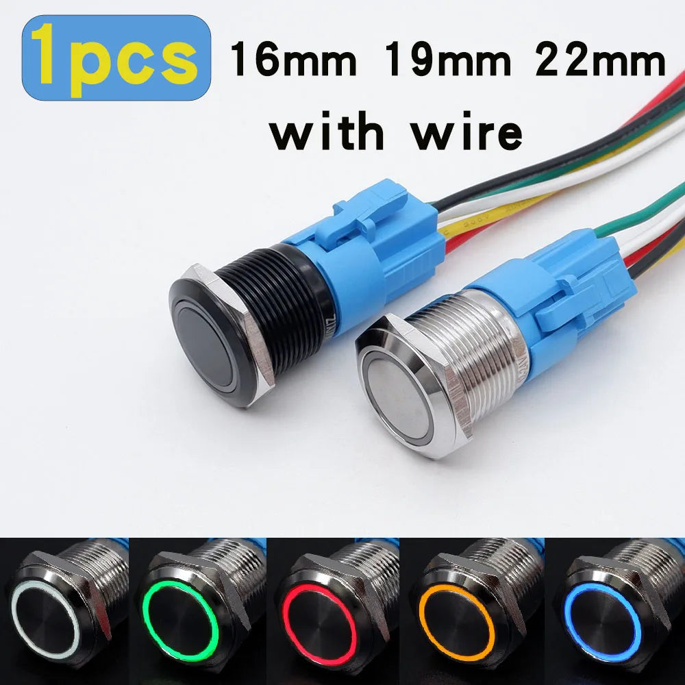 16/19/22mm Metal Push Button On Off Switch LED Light Momentary Latching Waterproof Flat Circular Button Silver Black 6v 12v 220v