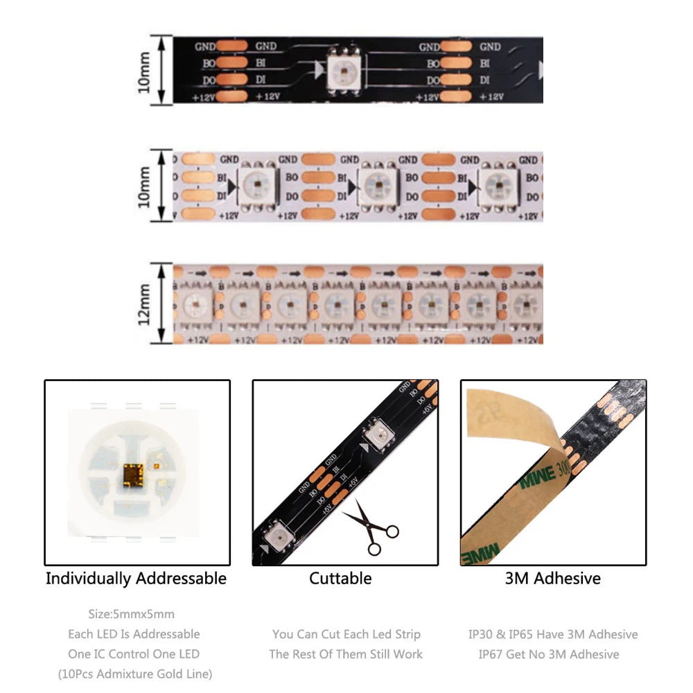 WS2811 WS2812B WS2813 WS2815 5050RGBIC Smart LED Strip Lights Individually Addressable IC  30/60/144Pixels/Leds/m Light DC5V/12V
