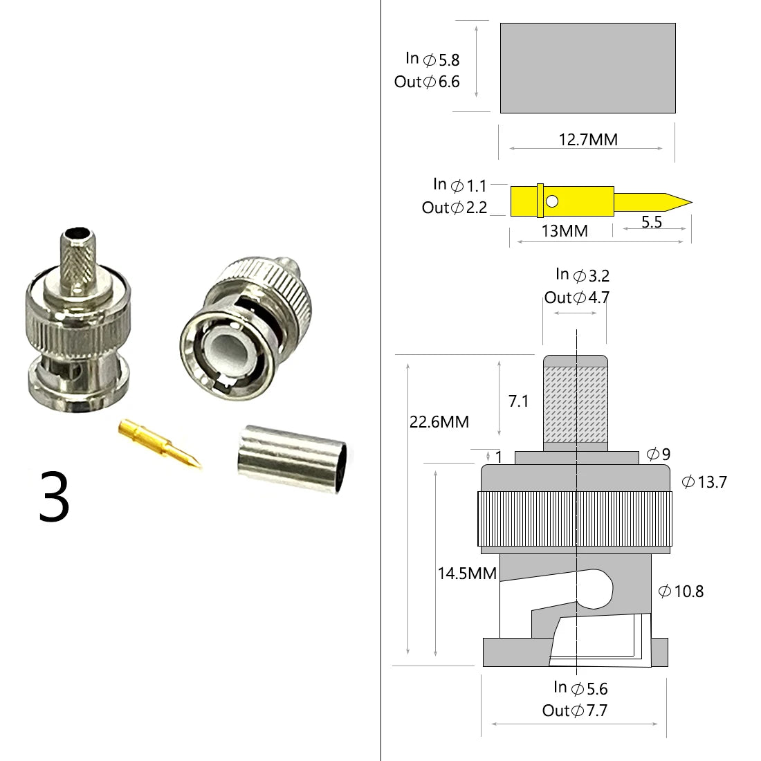 1-4PC BNC Male Female Plug Jack RF Coax Connector Crimp for RG316 RG174 RG58 RG142 Cable Copper Nickelplated With Drawing NEW