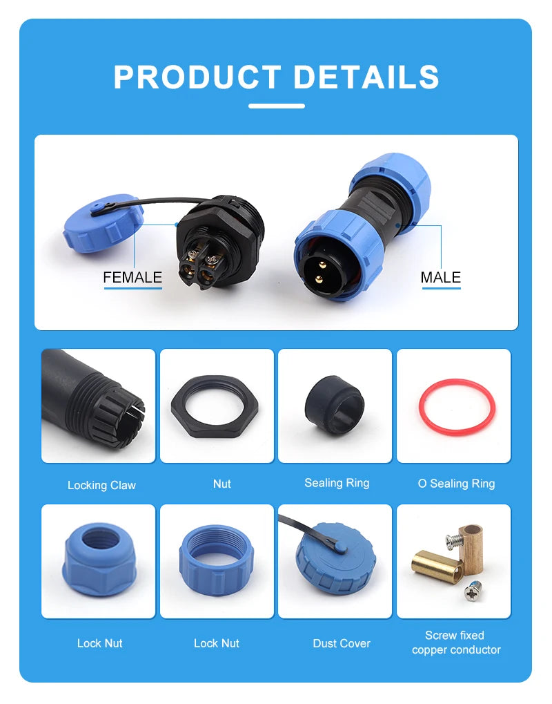 LP/SP21 IP68 Back Nut Screw crimp Panel Mount Connector Outdoor Waterproof 2/3/4/5/6/7 Pin Welding Free Male Plug Female Socket