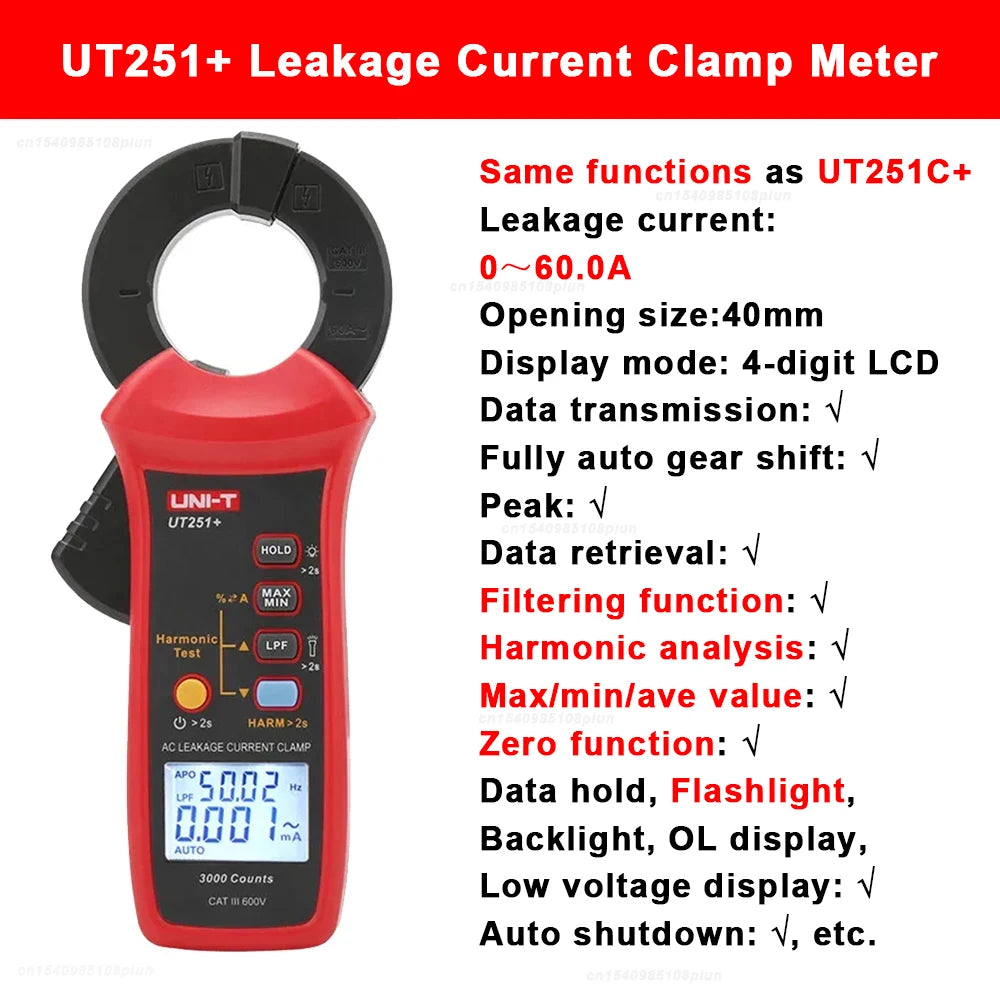 UNI-T UT251A UT251B+ UT251+ UT251C PLUS Current Leakage Clamp Meter Pliers Ammeter Professional AC Current Leak Tester