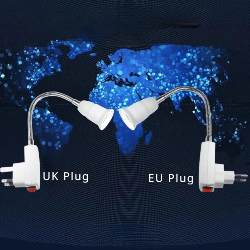 1pc E27 20cm 360D Bendable US UK EU AC Power Plug to E26 E27 Edison Screw CFL LED Light Socket Lamp Holder Adapter wt Switch