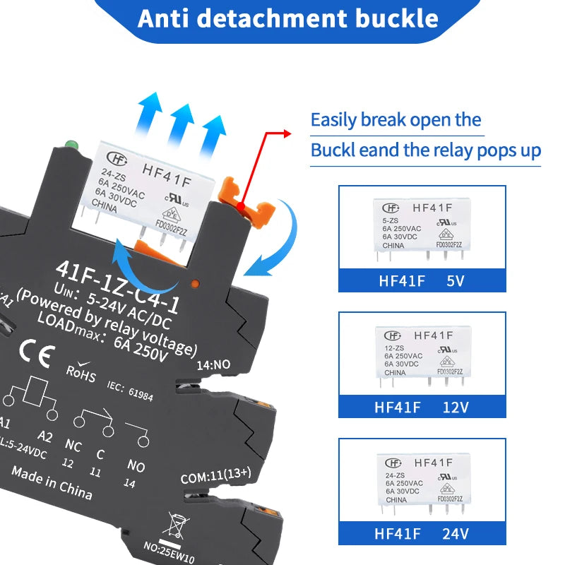 10pcs Slim Relay 5V 12V 24V DIN Rail Mounted Relay Moudle HF 41F SSR 30VDC 250VAC High Frequency Interface Relay With Led 6A