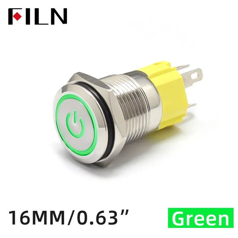 FILN 16mm 19mm 22mm Stainless Steel Waterproof LED Indicator Metal Push Button  Switch Power Symbol   Start Stop Power on Off