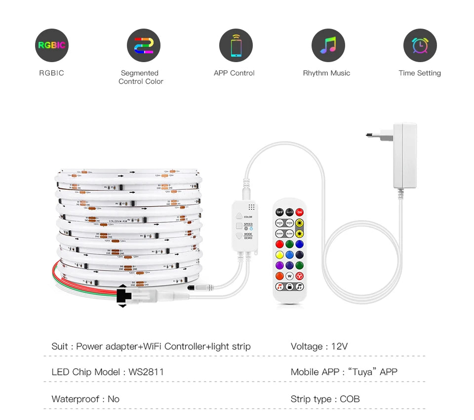 Smart TUYA WS2811 RGB IC Dreamcolor COB LED Strip Light Segment LED Control Music Mode Voice Control Support Alexa Google Home