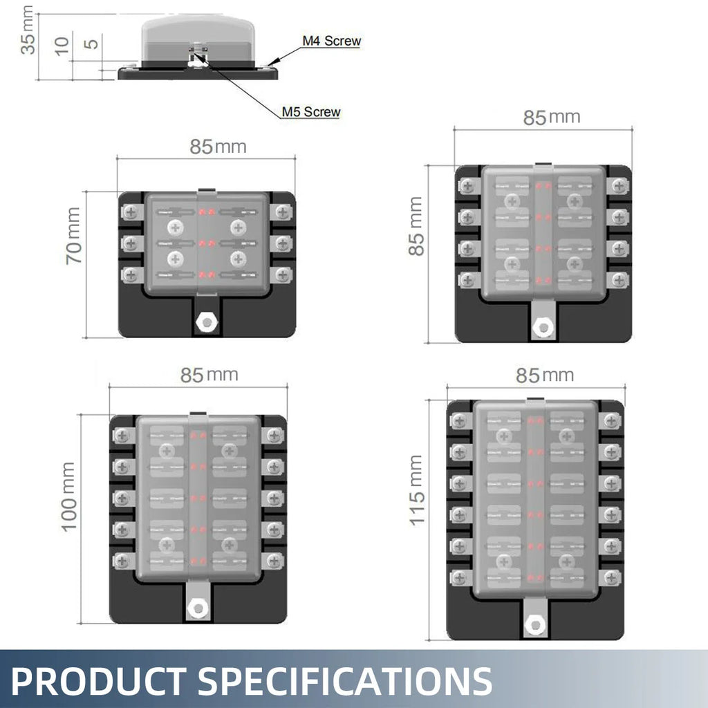 Blade Holder Fuse Box 12/10/8/6 Ways Modified Terminal Block Fuse with LED Warning Light 12V~24V Power Distribution Panel Boat