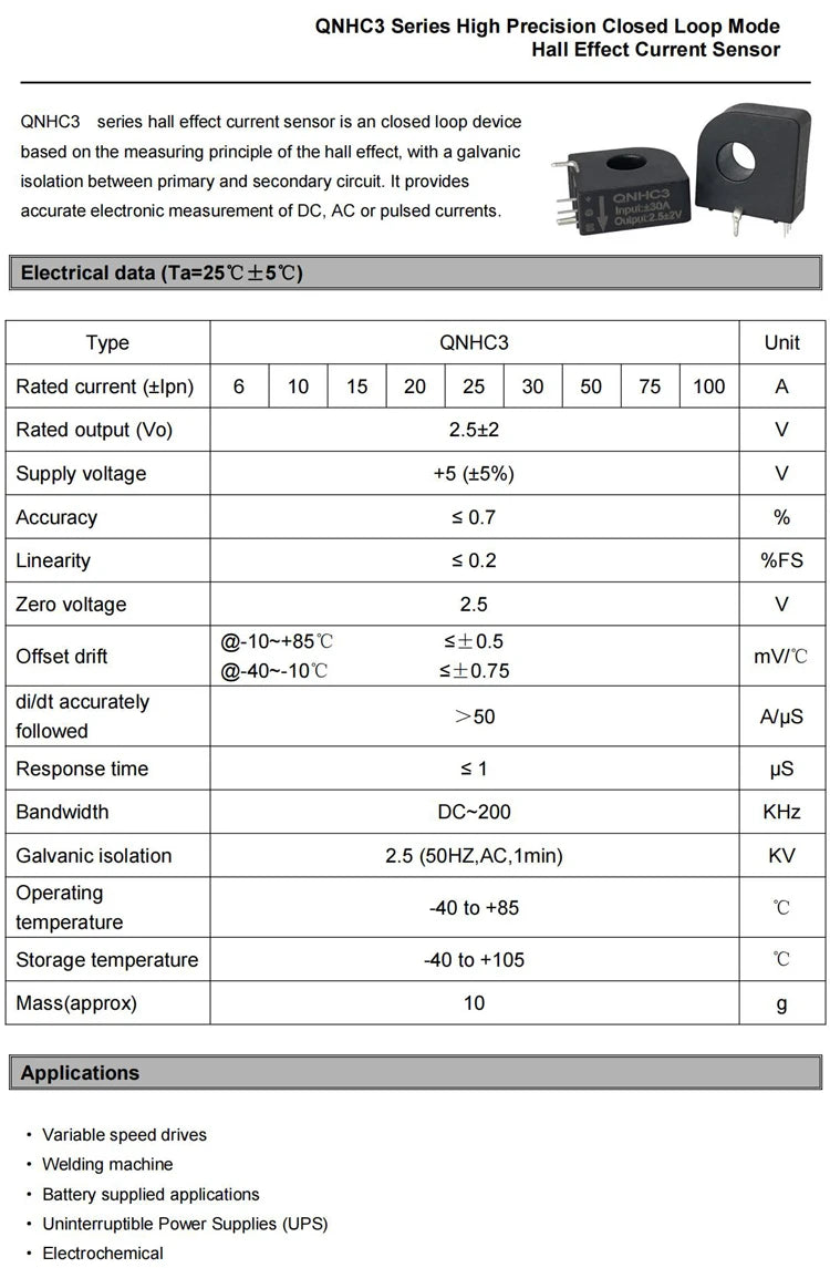Hall Effect Current Transducer 1.65V 0.625V QNHC3 10A 15A 20A 30A 50A 100A DC Current Sensor 2.5V 2V Transformer PCB Mount CT