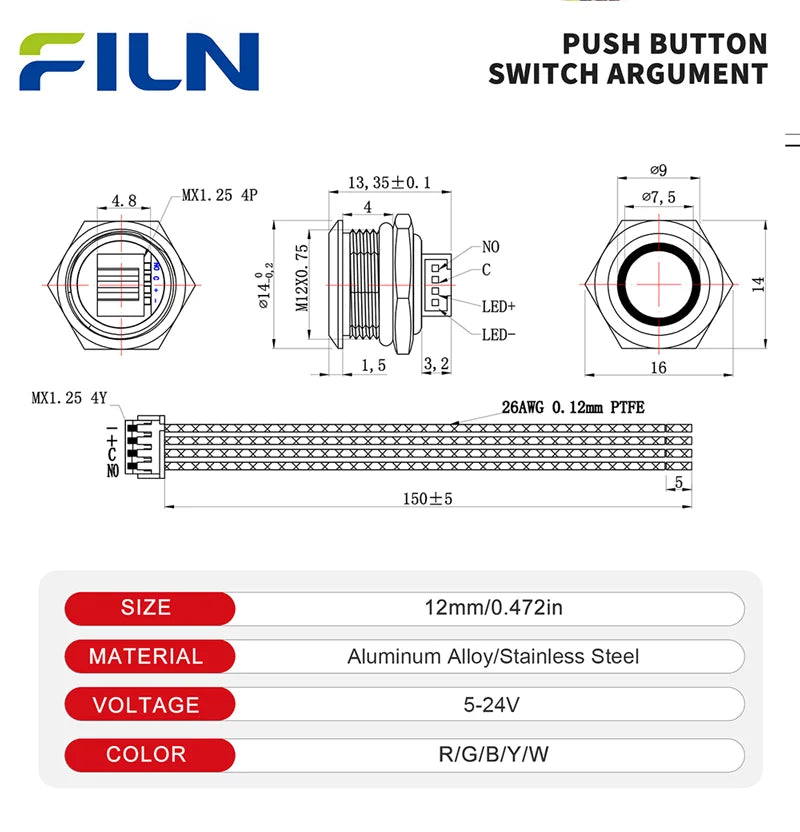 12mm Mini Metal LED Push Button Switch IP67 Waterproof Momentary 5-12-24V Short Stroke Push Button with Quick Connect Terminals