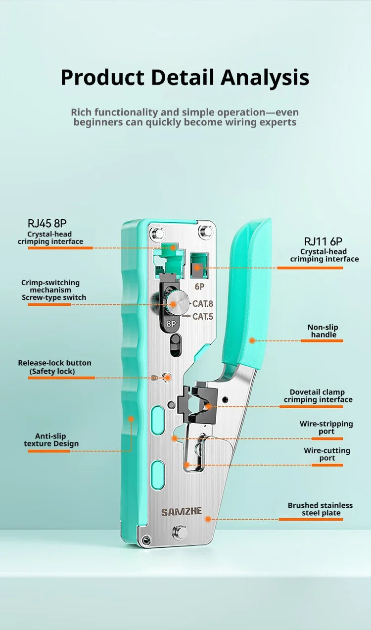 SAMZHE RJ45 Crimp Tool Crimper Cutter for Cat5e/6/7/8 8P 6P Modular Connector Ethernet All-in-one Wire Tool ﻿Ethernet Modular
