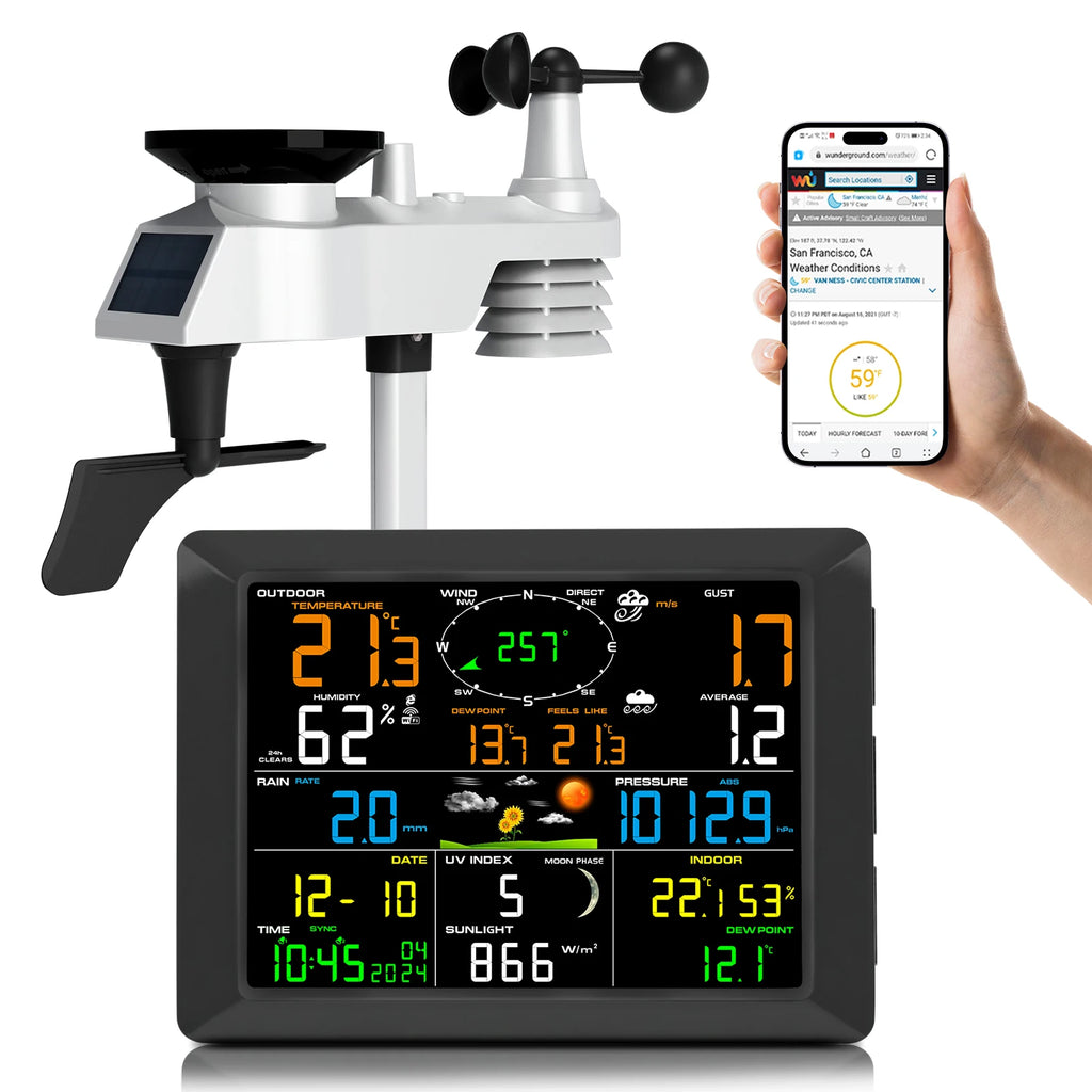 WiFi Weather Station 14-in-1 Wireless with Color Display Real-Time Sync to Weather Underground 100m Range Smart Home Sensor