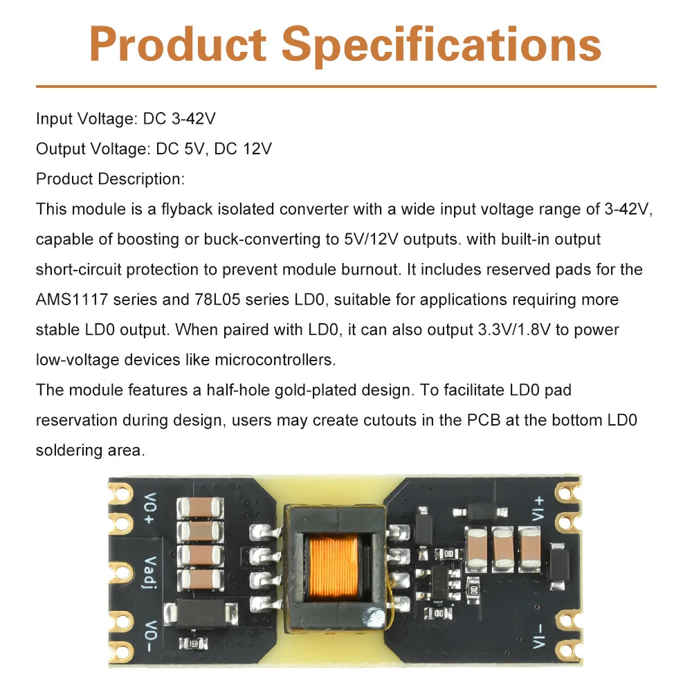 JW3510 Isolated Power Supply Module Boost Buck Converter DC 3-42V to DC 5V 12V Step Up/Step Down Power Module Reserved for LDO