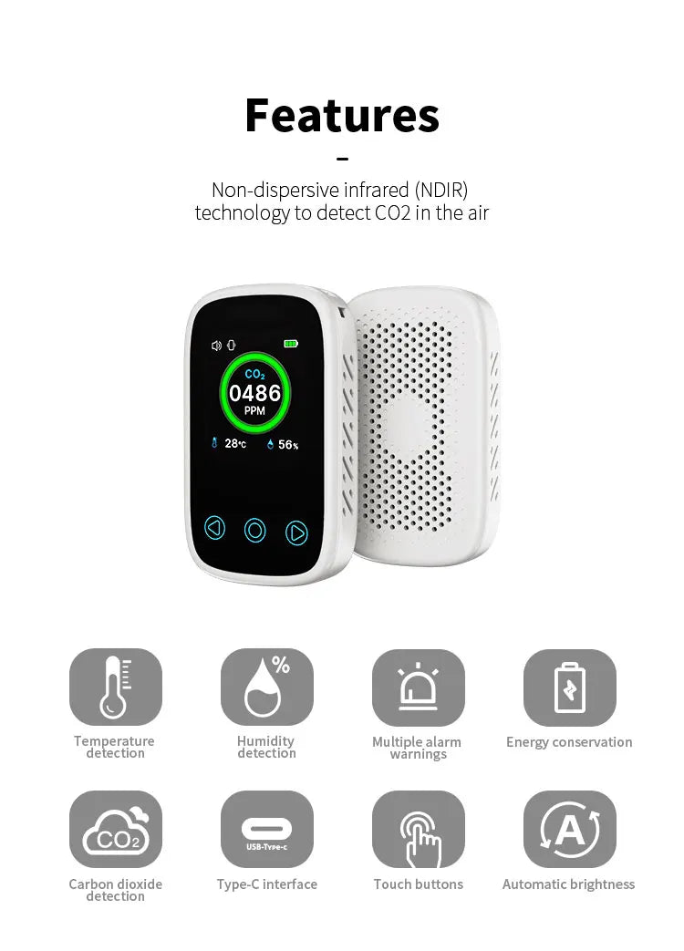 Air Quality Monitor CO2 Meter 3 in 1 Portable Temperature Humidity Meter Type-C Charging LCD Screen NDIR Sensor 일산화탄소 경보기 누수탐지기