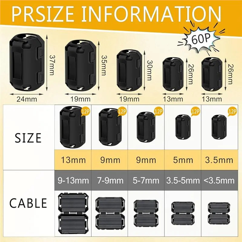 AY14 -60Pcs Ferrite Chokes Ferrite Beads Snap On RFI Noise Suppressor Cable Clip For 3.5Mm 5Mm 7Mm 9Mm 13Mm Diameter Cable