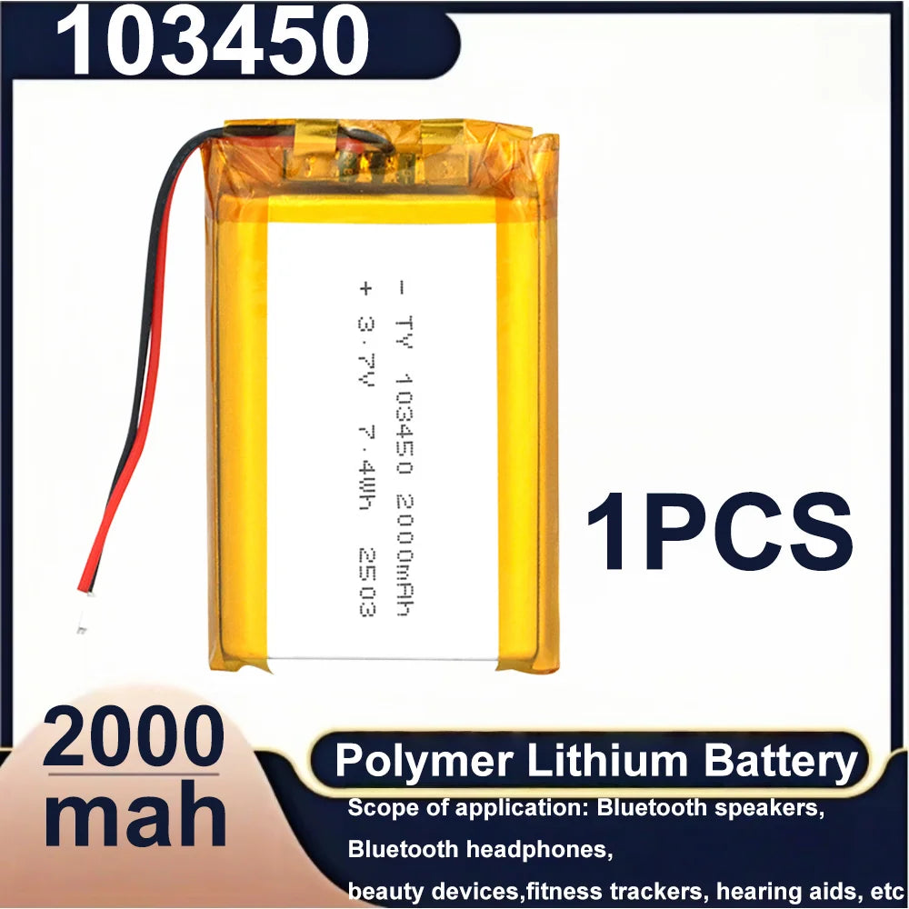 103450 3.7V 2000mAh Polymer Lithium Rechargeable Battery JST PH 2.0mm 2Pin Plug for Camera GPS Navigator MP5 Bluetooth Headset