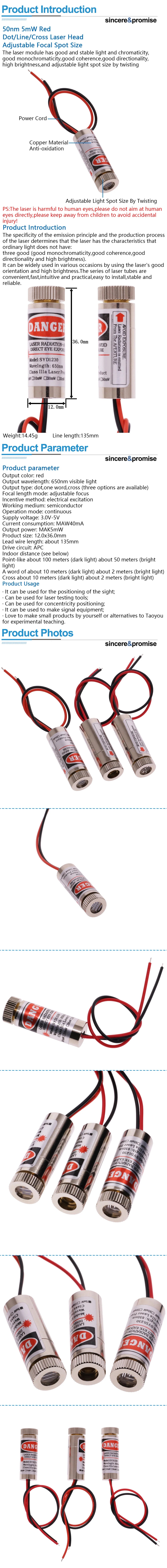 650nm 5mW 5V Red Point / Line / Cross Laser Diode Module Head Glass Lens Focusable Focus Adjustable Industrial Class