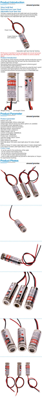 650nm 5mW 5V Red Point / Line / Cross Laser Diode Module Head Glass Lens Focusable Focus Adjustable Industrial Class