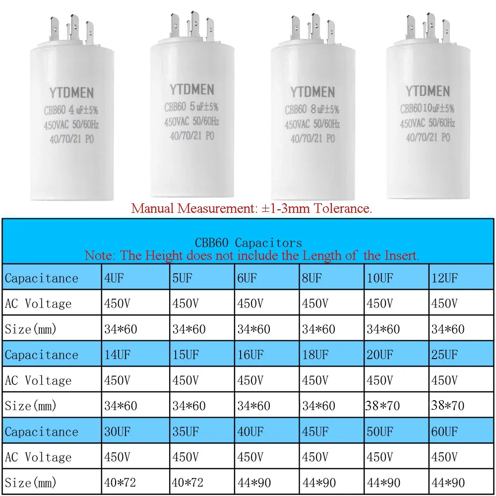CBB60 450VAC 4~60μF ±5% 4-Pin Double Insert Motor Run Capacitor for Air Conditioner/Refrigerator/Pump，50/60Hz