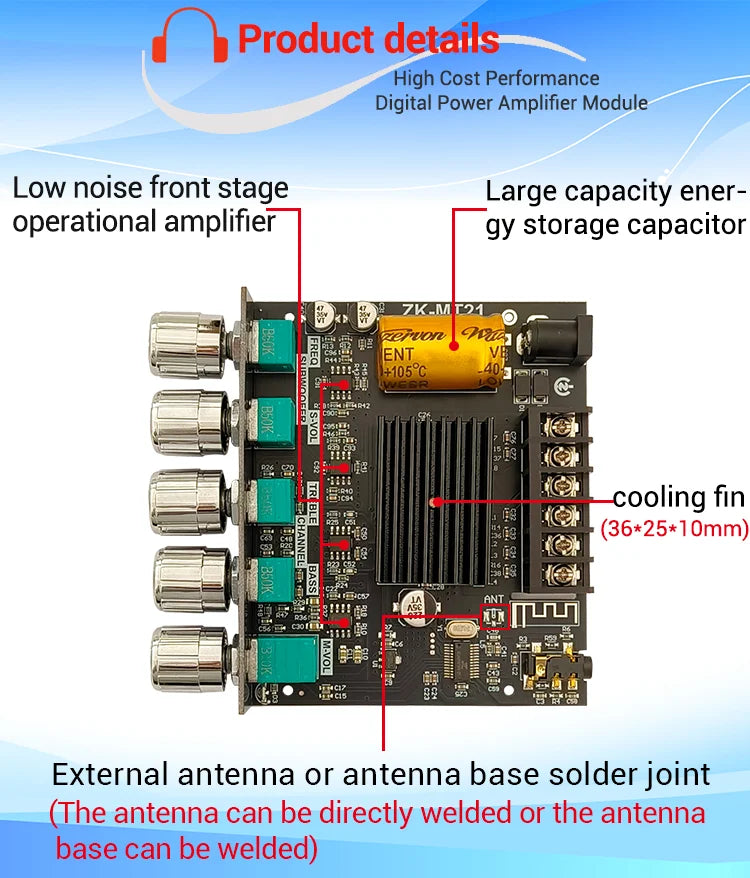 MT21 2.1 Channel Bluetooth 5.0 Audio Amplifier Board 100W Subwoofer 50W*2 L/R Stereo Amp Module Bass Treble Control AUX Input DC12-24V for Home Speaker DIY