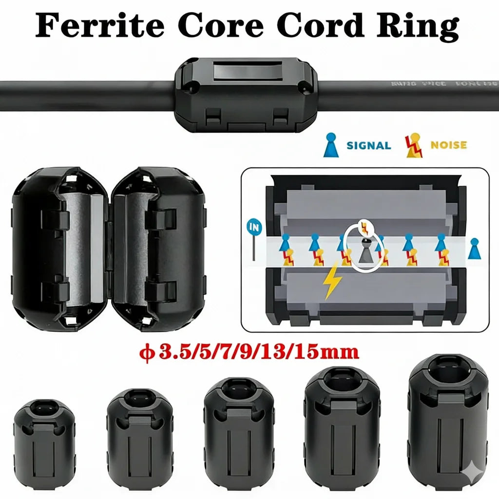 10Pcs 3.5/5/7/9/13/15mm Ring Core Ferrite Bead Clamp Choke Coil EMI RFI Noise Filter Clip Snap Cable for Black Magnetic Snap-on