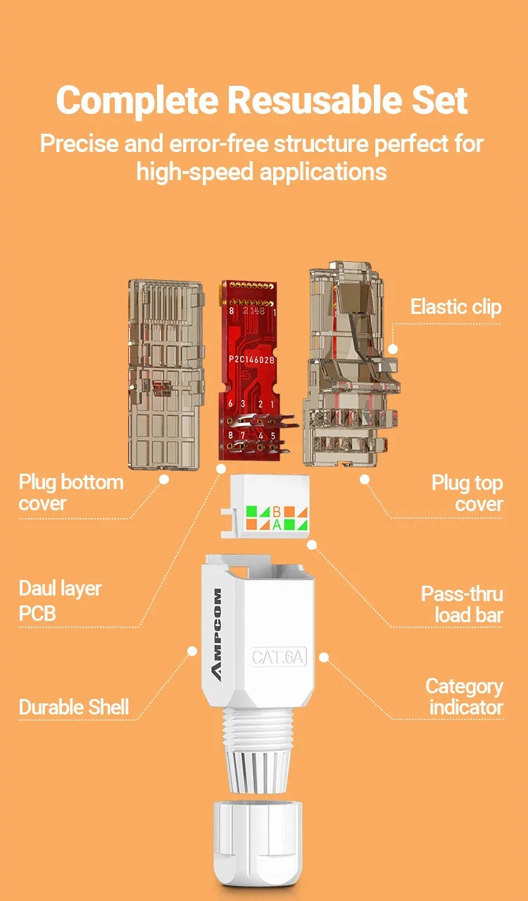 AMPCOM Tool Free RJ45 Connector, No Crimp Tool Less UTP 1000Mbps CAT6/CAT6A Modular PLug for Stranded Solid Lan Ethernet Cable