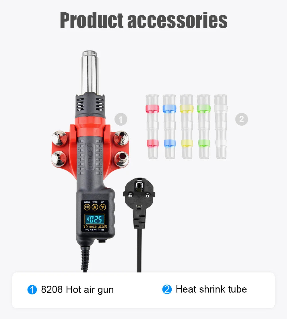 JCD 750W Micro Hot Air Gun 8208 Soldering Rework Welding Station LCD Digital Heat Gun BGA IC Solder Tools With Heat Shrink Tube
