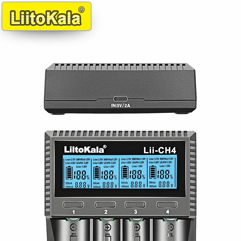 LiitoKala Lii-CH4 Smart Charger for 18650/21700/26650/AA/AAA/Ni-MH/Li-ion,1.2V/1.5V 4-Slot Fast Charge, USB-C, Auto Detect