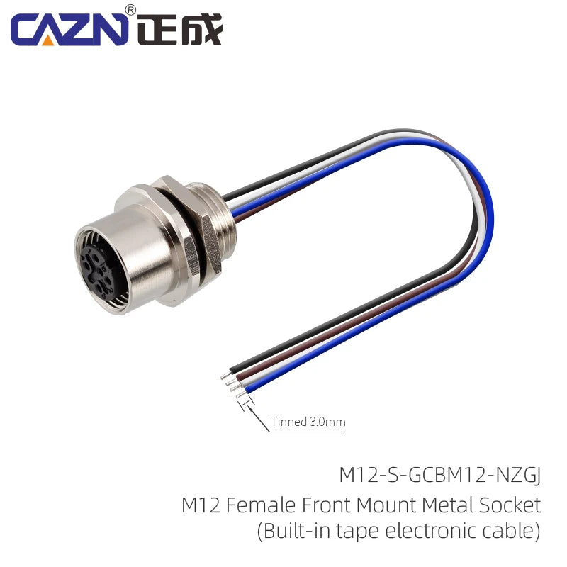 M12 Panel Male Female  Metal Front Mount Socket Solder 4 6 8 12 Pin Receptacle Straight Circular Connectors With 30cm Wires