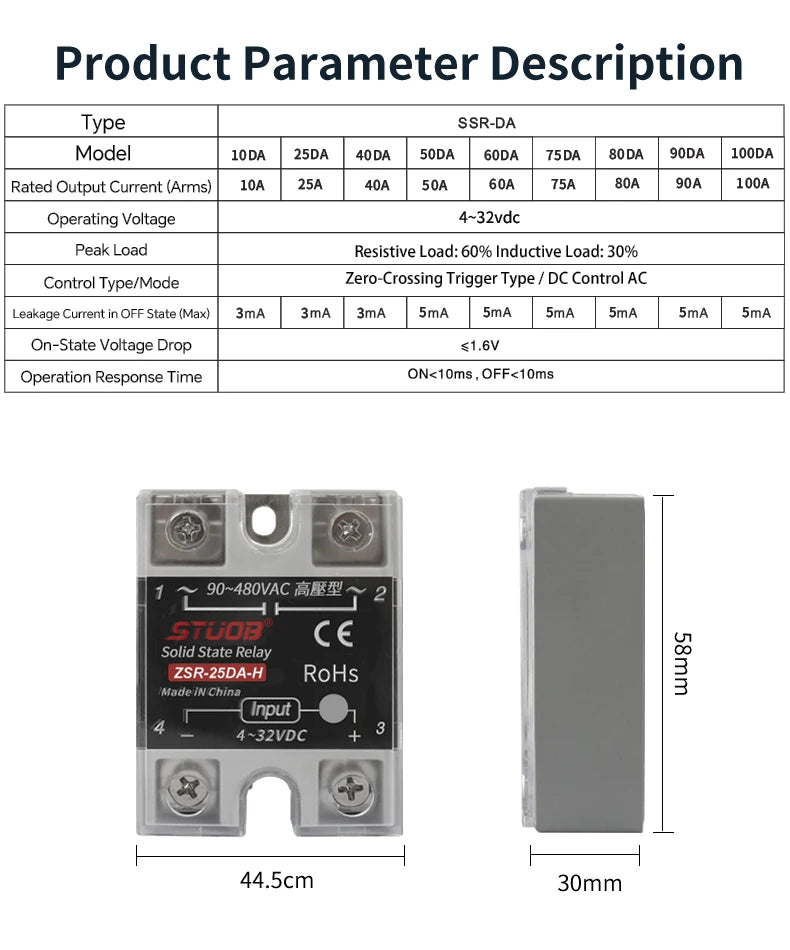High-voltage Single-phase Solid State Relay Input 4-32VDC to Output 90-480VAC DC to AC SSR 10/25/40A Module Relay