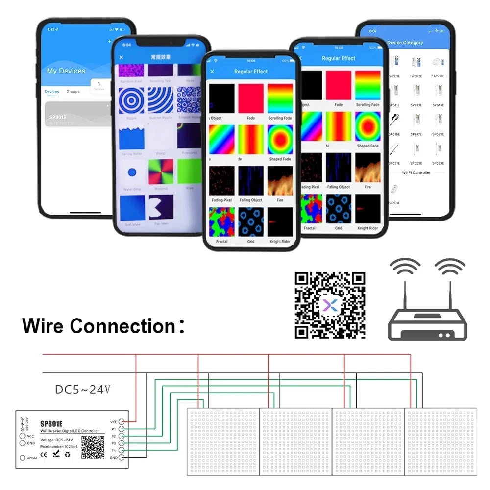 SP801E Led Controller Kit DC5V WS2812B RGB LED Pixel Panel Light 8x8 16x16 8x32 Digital Flexible Screen Individually Addressable