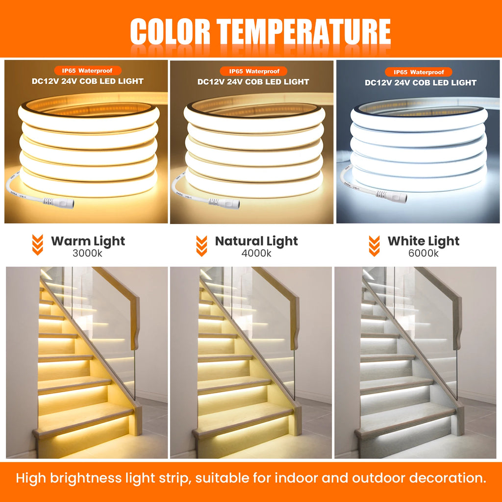 12V 24V 320Leds/M COB Neon Strip Waterproof 3000K 4000K 6000K Home Decor High Brighter Flexible Ribbon Rope LED Light 0.5M-20M