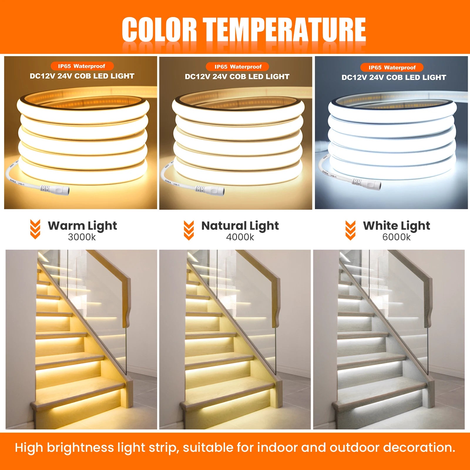 12V 24V 320Leds/M COB Neon Strip Waterproof 3000K 4000K 6000K Home Decor High Brighter Flexible Ribbon Rope LED Light 0.5M-20M