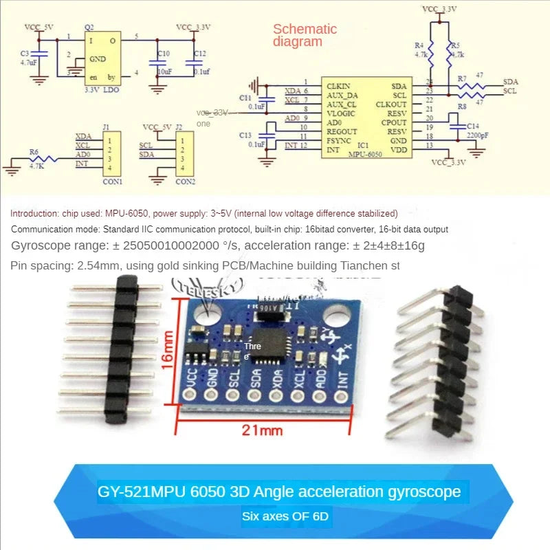 GY-521 MPU6050 Module 3D Angle Sensor 6DOF Three Six Axis Accelerometer Electronic Gyroscope