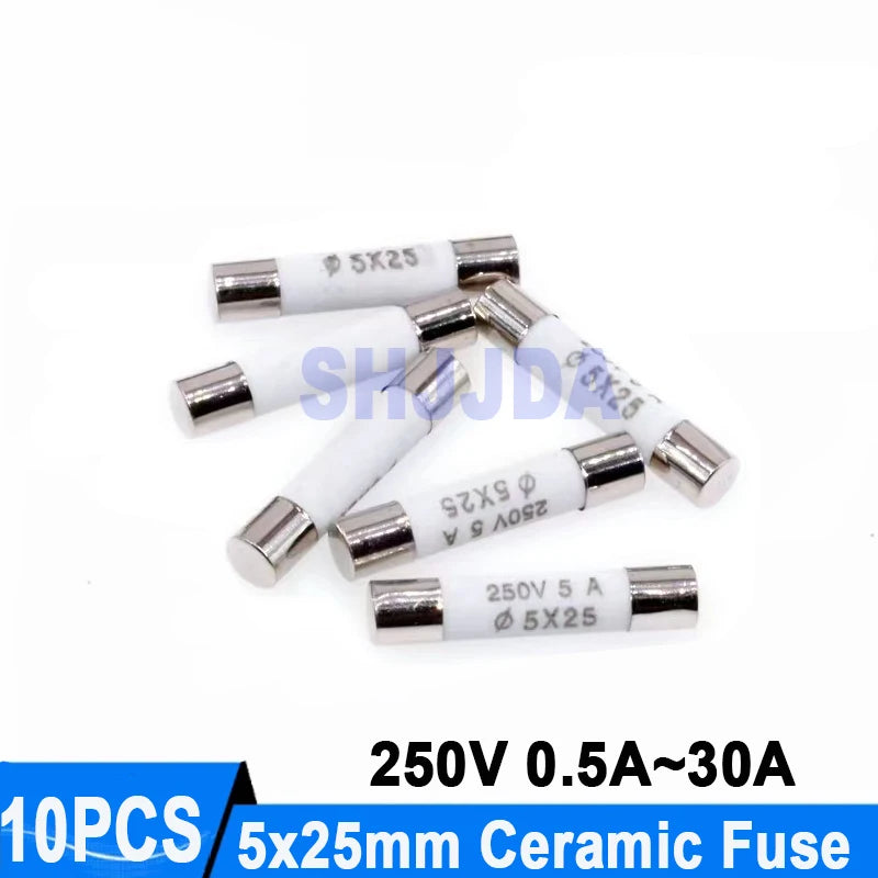 10PCS 5*25MM Ceramic fuse 250V 0.5A 1A 2A 3A 4A 5A 6A 8A 10A 13A 15A 16A 20A 25A 30A Ceramic Fuse 5*25MM 250V RO55
