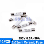 10PCS 5*25MM Ceramic fuse 250V 0.5A 1A 2A 3A 4A 5A 6A 8A 10A 13A 15A 16A 20A 25A 30A Ceramic Fuse 5*25MM 250V RO55