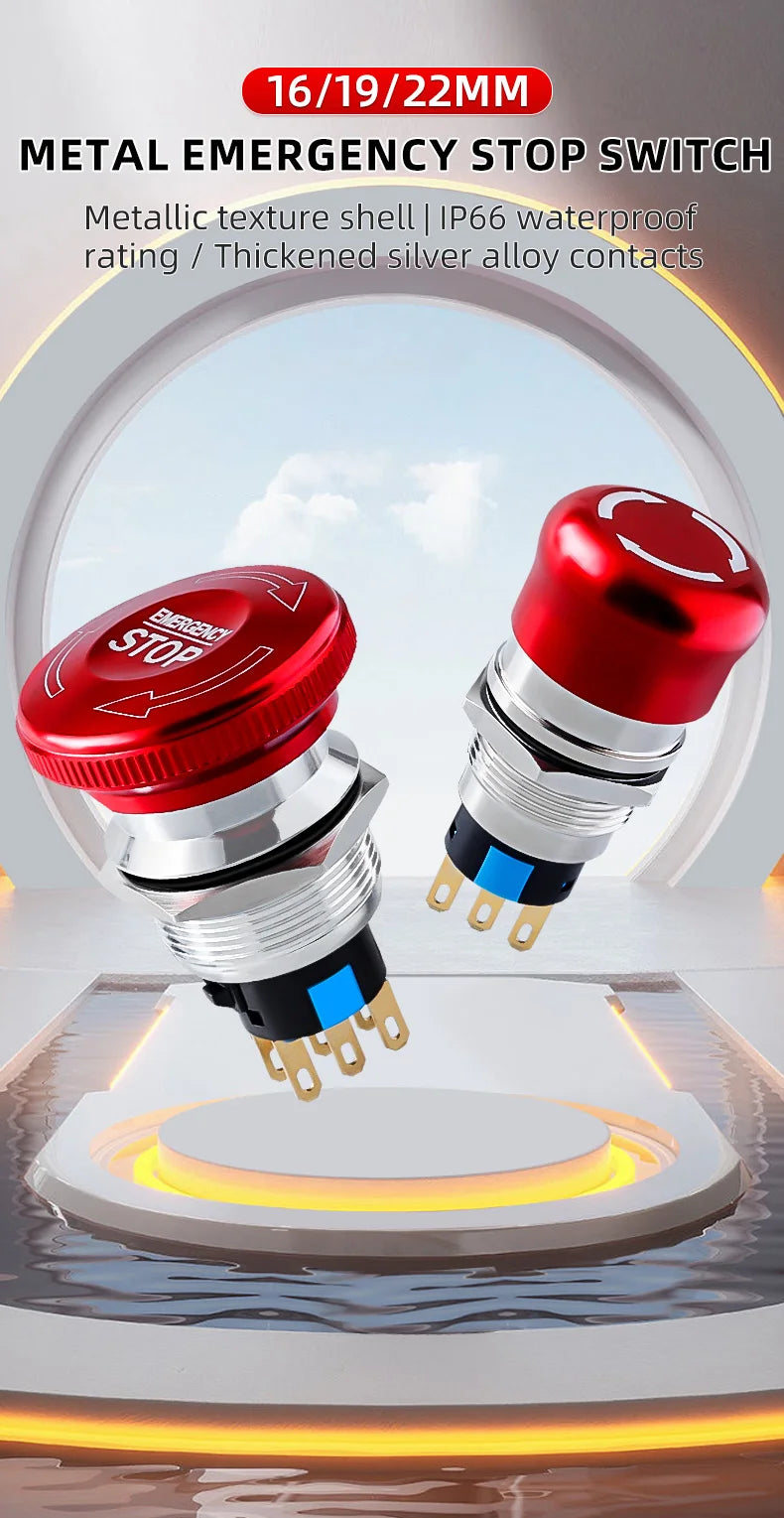 Metal Emergency Stop Button Switch 16/19/22mm Mushroom head Waterproof Stainless steel  Press Rotary Power off STOP 1NO1NC2NO2NC
