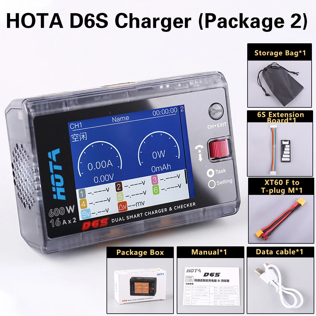 HOTA D6S RC Lipo Battery Charger Magnetic Suction Dual Channel Smart Balance 600W High Power 1-6S Smart Balance Charger