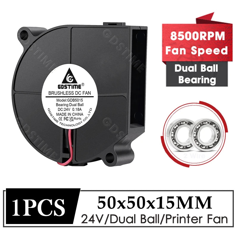Gdstime Blower 5015 Fan 24V 50x50x15MM Turbo Fan 50MM Dual Ball Brushless Cooler Fan 8500RPM High Speed for 3D Printer Part
