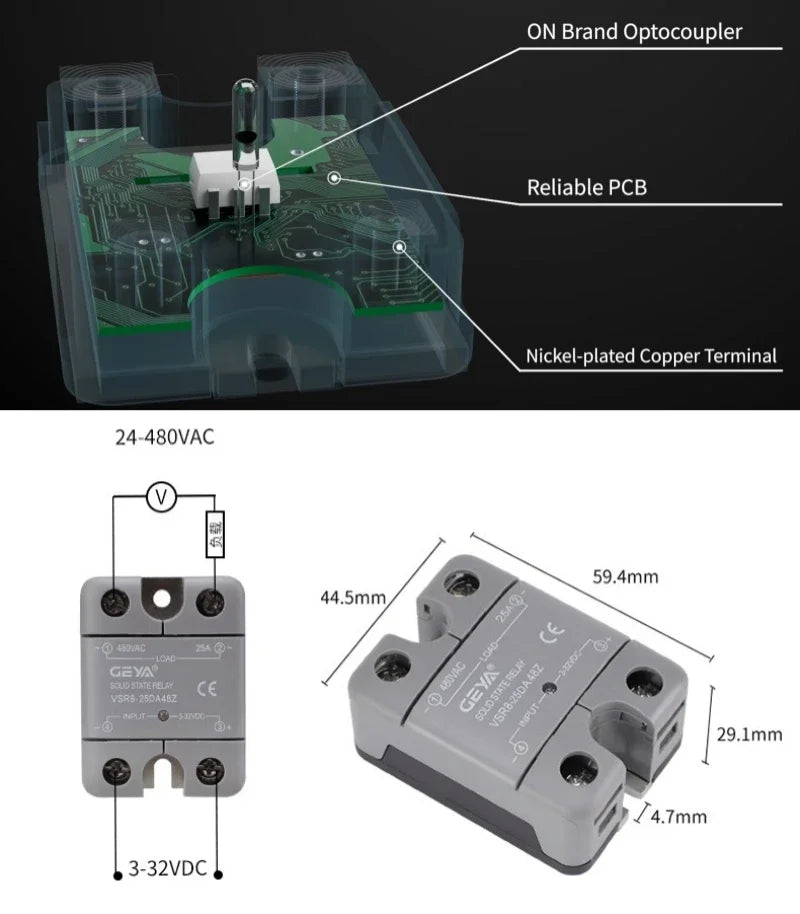 GEYA VSR8 Solid State Relay 10A 25A 40A 60A 80A  Single Phase 3-32VDC Input 24-480VAC Output High Quality