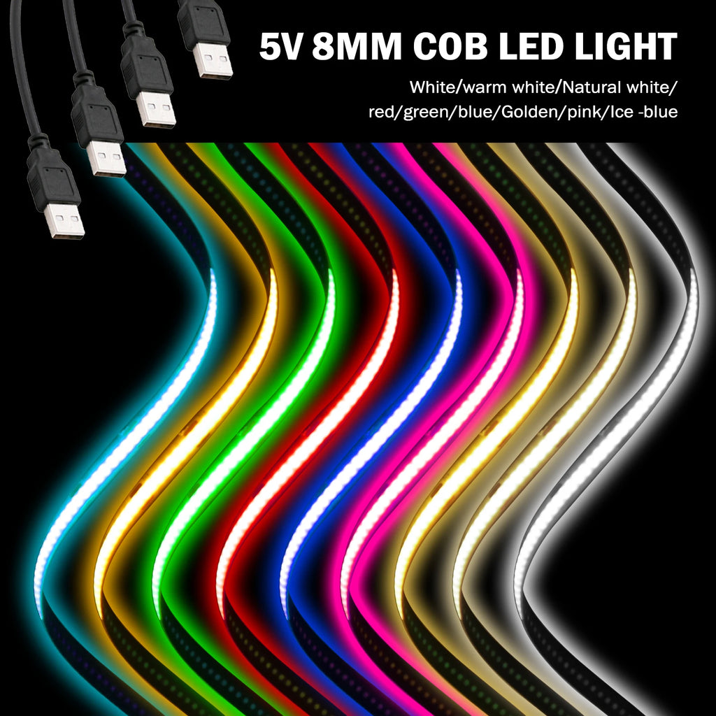 DC5V USB COB Led Strip Light White/Pink/Red/Yellow/Ice Blue/Green 8MM 320LEDs/M Flexible Night Light for Home Decor TV Backlight