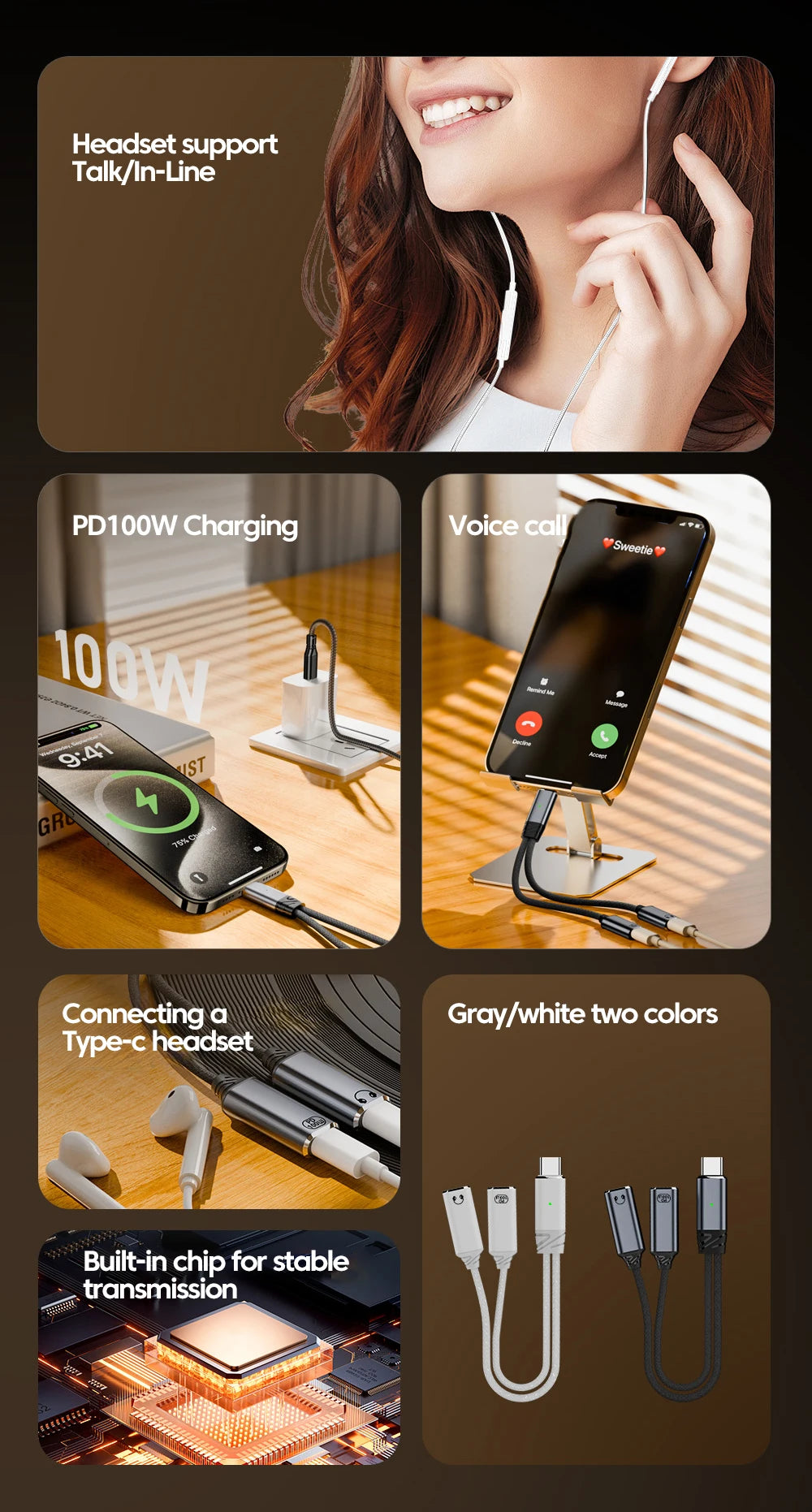 100W PD Fast Charger Cable 2 in 1 USB C Splitter Type USB C Headphones Jack Audio Adapter For Samsung iPhone 16 15 Huawei Xiaomi