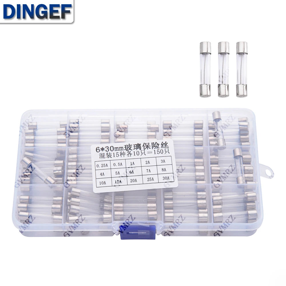 150PCS 15Values 6*30 Glass Tube Fuses Car Glass Tube Fuses Assorted Kit 6X30 with Box fusiveis 0.1A-30A Household Fuses