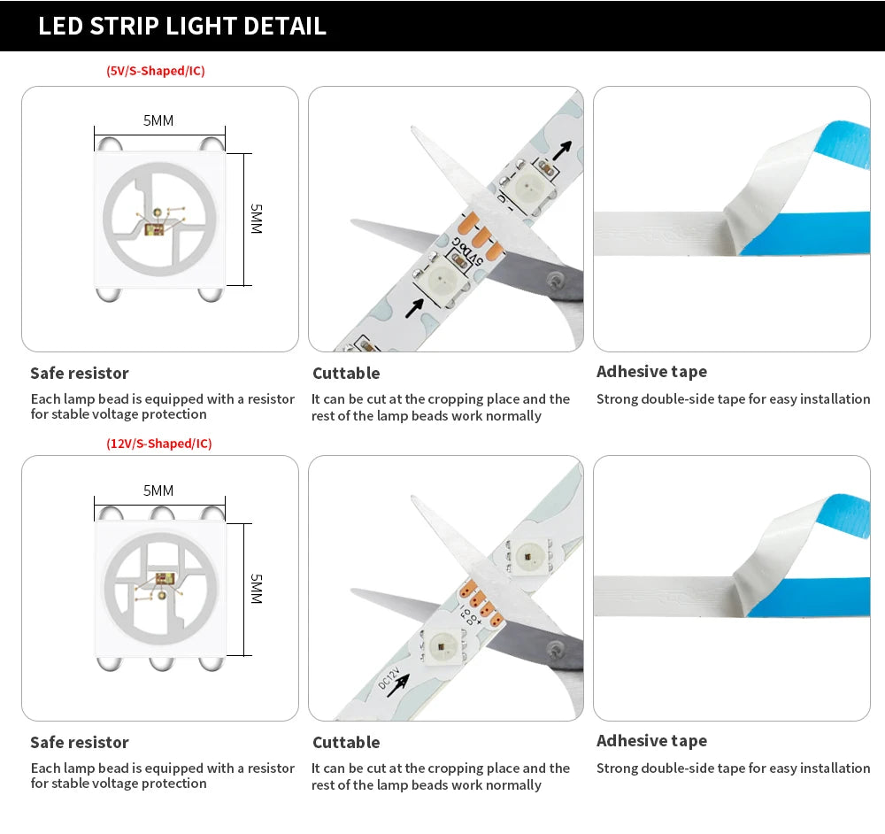 WS2812B WS2815 S-Shape Individually Addressable LED Strip Light 60LEDs/m Smart RGBIC Dream Color S Bendable 8mm Pixels Tape Bar