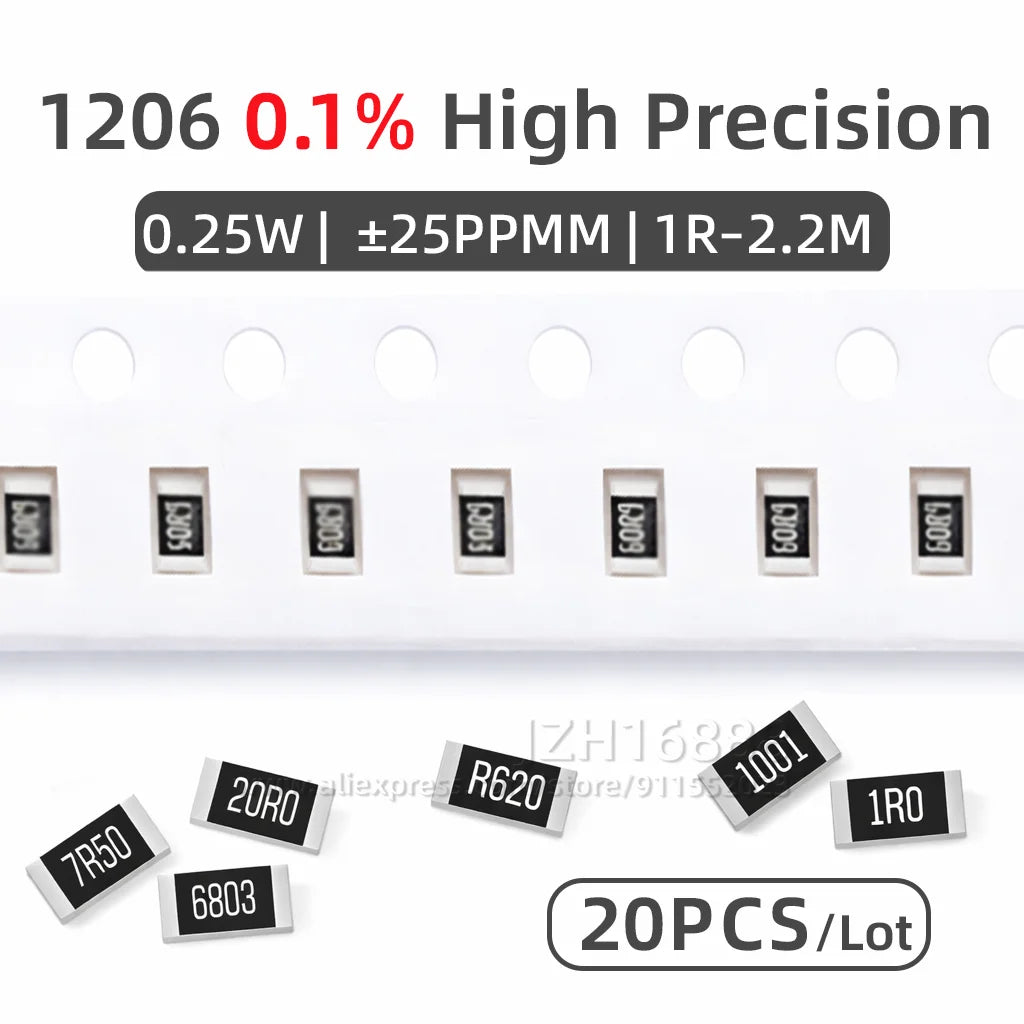 1206 Thin Film Resistor Pack 0.1% Low TCR SMD Chip Resistor 1R 2.2R 10R 100R 1K 10K 22K 47K 100K 470K 1M Ohm High Precision Kit