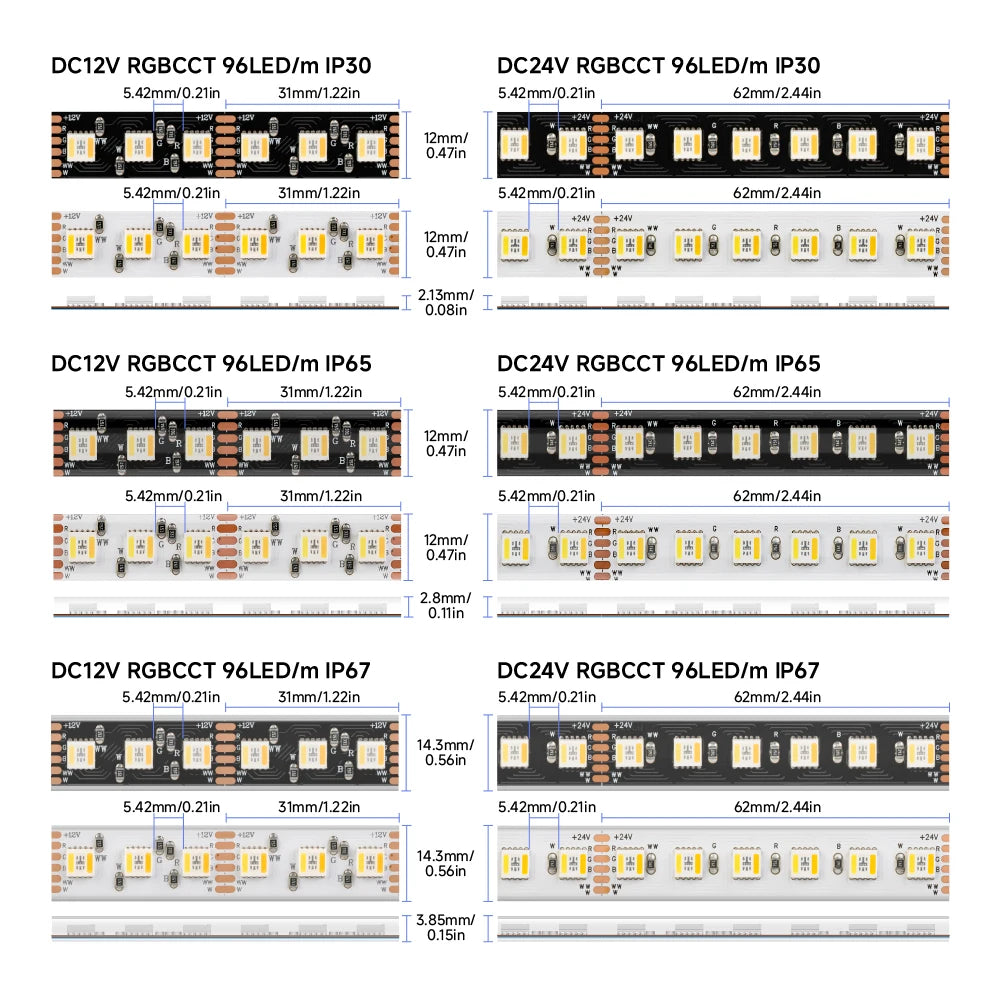 12V 24V 5050 RGBCCT 5 in 1 LED Light 5m 96 Leds/m 6pin RGBW RGBCW RGBWW RGB WW CW 2700K-6500K Strip Lights Black White PCB Tape